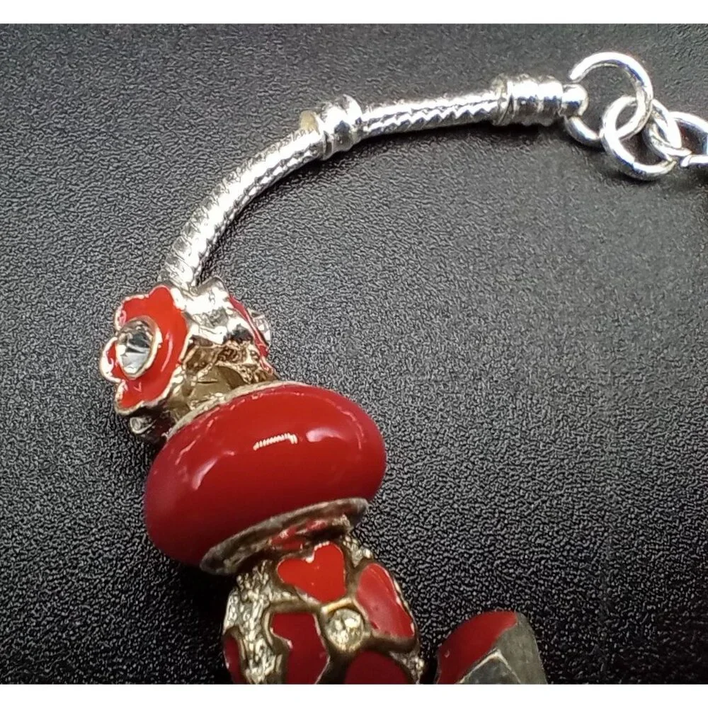 Charm Bracelet Beads Rhinestone Silver Tone Snake Chain Red Statement Jewelry - Picture 4 of 13